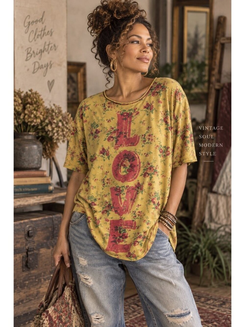Magnolia Pearl Love Supply Co Floral LOVE Tee Mustard Yellow Boyfriend OS Boho